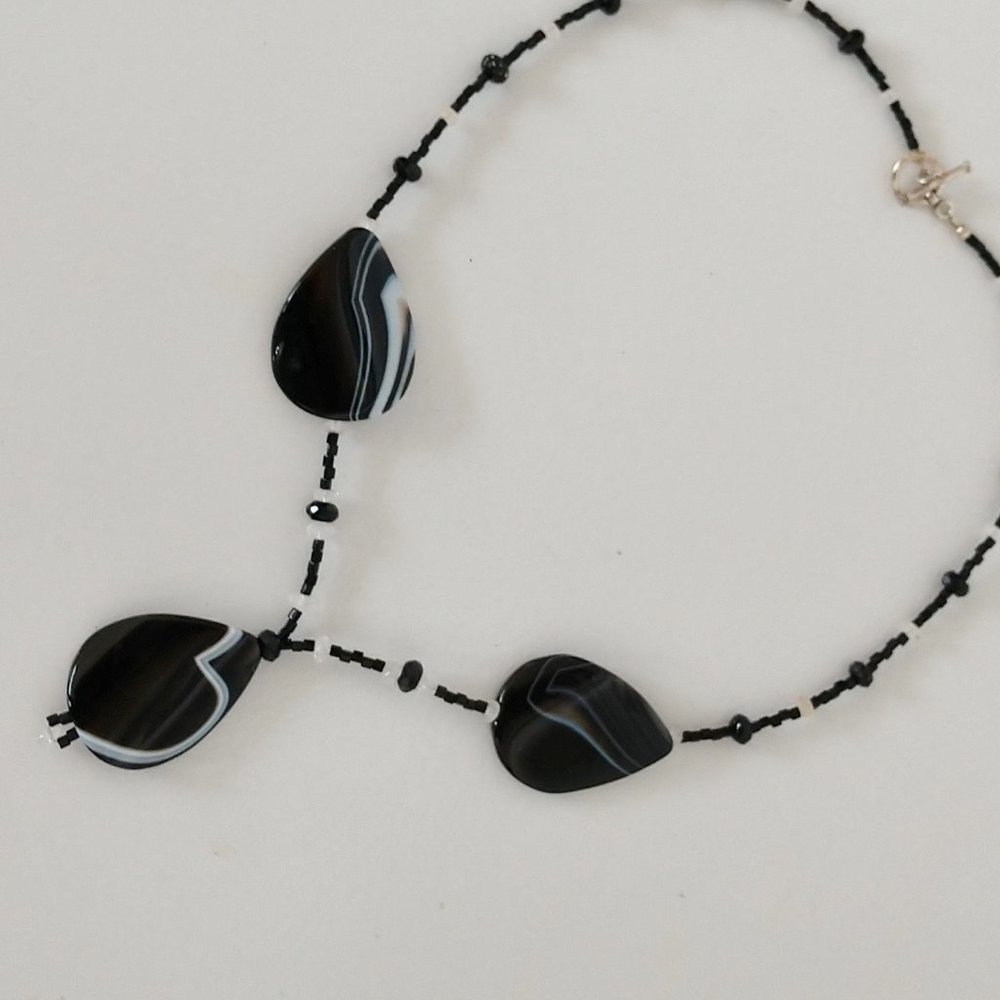Black Beaded Statement Necklace With Agate Teardrop Pendants Handmade 19 Inches
